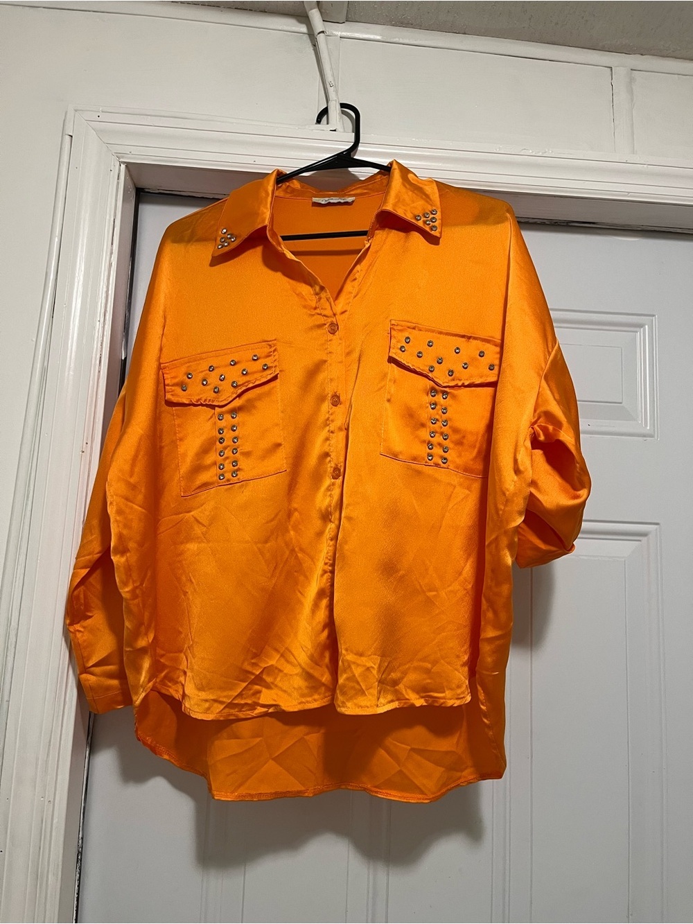 Orange Satin Stud-Accent women Shirt
